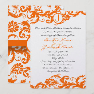 Oranje Damast Monogram Huwelijksuitnodiging Kaart