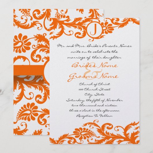 Oranje Damast Monogram Huwelijksuitnodiging Kaart (Voorkant / Achterkant)