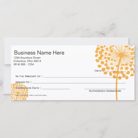 Oranje Dandelion Flower Gift Certificate Design 2 (Voorkant)