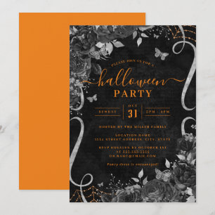 Oranje Dark Spooky Floral Scroll Halloween Party Kaart