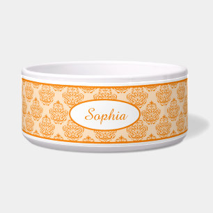 Oranje decoratief Damaspatroon met aangepaste naam Voerbakje