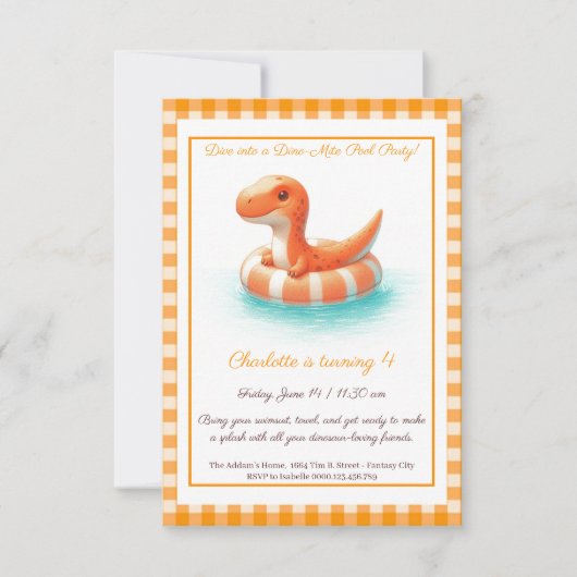 Oranje Dino Pool Party – Verjaardagsuitnodiging Kaart (Voorkant)