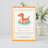 Oranje Dino Pool Party – Verjaardagsuitnodiging Kaart (Staand voorkant)