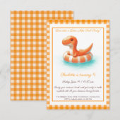 Oranje Dino Pool Party – Verjaardagsuitnodiging Kaart (Voorkant / Achterkant)