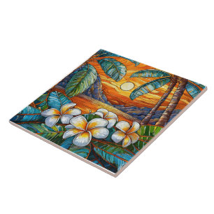 Oranje eiland zonsondergang Glas in lood kunst Tegeltje
