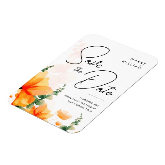 Oranje elegante moderne bruiloft bespaar de datum magneet (Linkerzijde)