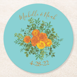 Oranje en Aqua Wedding Modern Floral Ronde Kartonnen Onderzetter