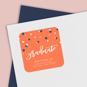 Oranje en Blauw Confetti Afstuderen het Adres van Vierkante Sticker