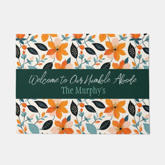 Oranje en blauw gebladerte en bloemen gepersonalis deurmat (Voorkant)