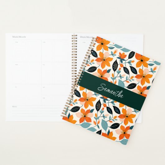 Oranje en blauw gebladerte en bloemen gepersonalis planner (Display)