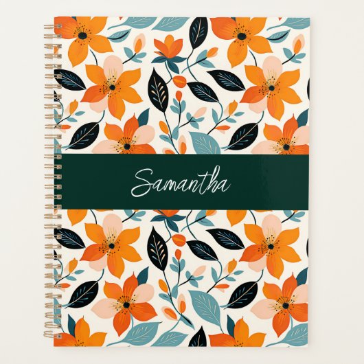 Oranje en blauw gebladerte en bloemen gepersonalis planner (Voorkant)