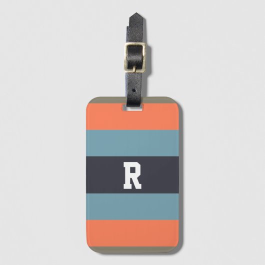 Oranje en blauw Monogrammen Striped Bagagelabel (Voorkant (verticaal))