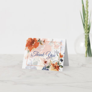 Oranje en blauwe aquarel herfst bloemige bruiloft  bedankkaart