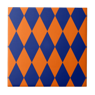 Oranje en Blauwe Harlekijn Geruite Ontwerp Tegeltje