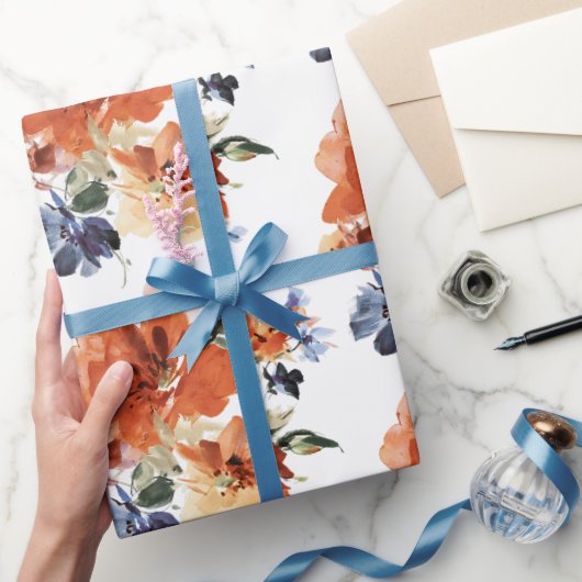 Oranje en blauwe waterverf floraal cadeaupapier (Geschenken)