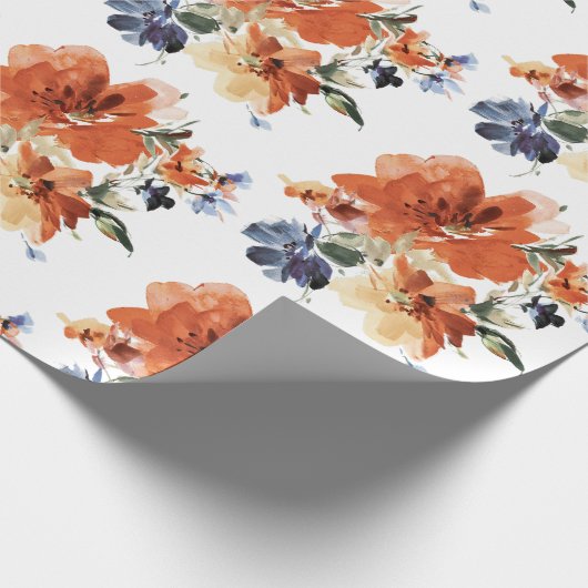 Oranje en blauwe waterverf floraal cadeaupapier (Hoek)