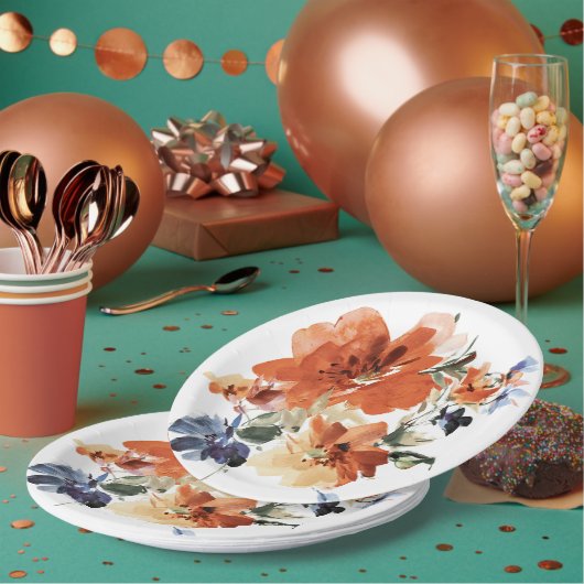Oranje en blauwe waterverf floraal papieren bordje (Multi)