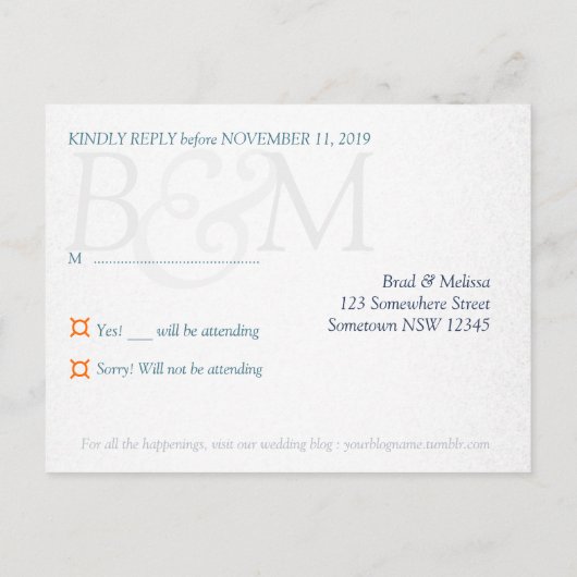 Oranje en Blauwgroen blauw RSVP-Briefkaart Uitnodiging Briefkaart (Achterkant)