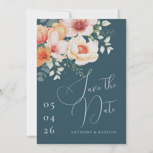 Oranje en Blauwgroen blauwe peach Save The Date (Voorkant)