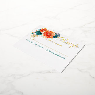Oranje en Blauwgroen Bloemenbruiloft RSVP Folie Uitnodiging Briefkaart