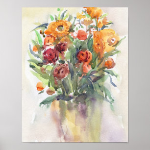 Oranje en Bourgondië herfstboeket aquarel Poster