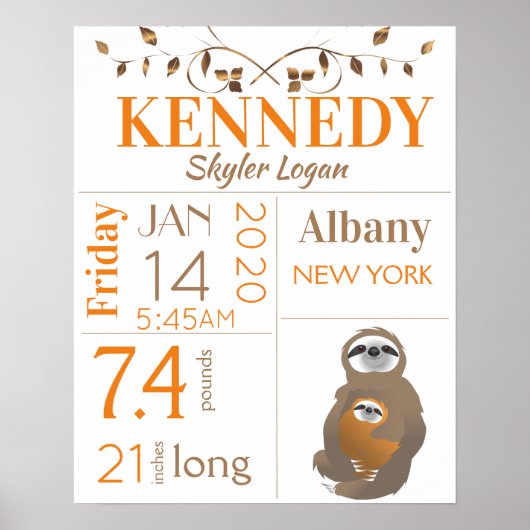 Oranje en bruin Baby geboorte stat Poster (Voorkant)