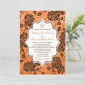 Oranje en bruine Floral Damask Wedding Uitnodiging (Staand voorkant)