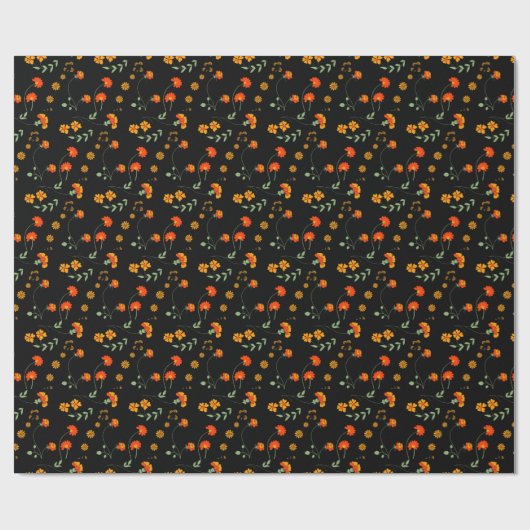 Oranje en gele bloemen op zwart cadeaupapier (Vlak)