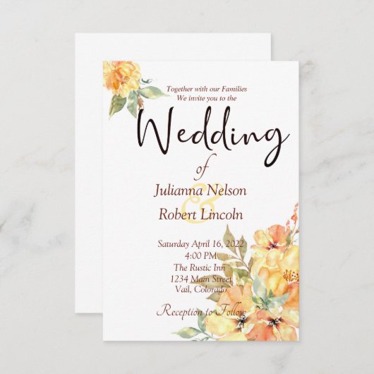 Oranje en gele waterverf florale bruiloft invita kaart (Voorkant / Achterkant)