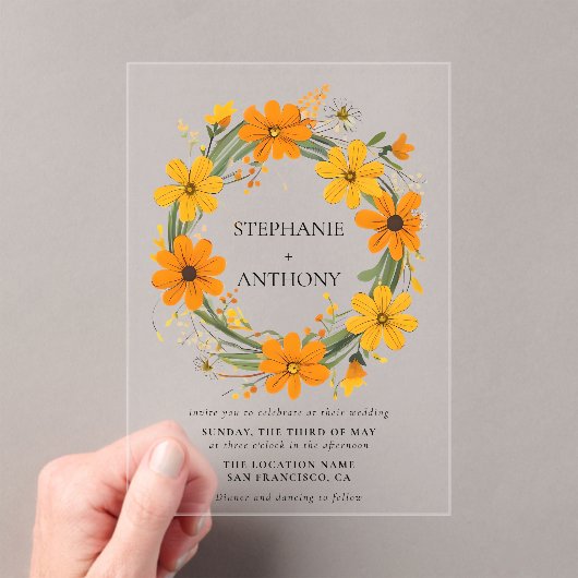 Oranje en Gele Wilde Bloemen Krans Bruiloft Acryl Uitnodigingen (Insitu (Draagbaar))