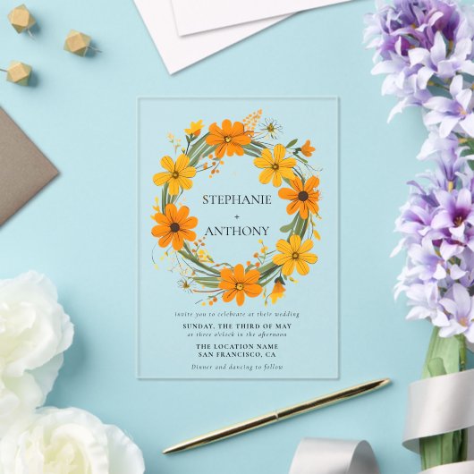 Oranje en Gele Wilde Bloemen Krans Bruiloft Acryl Uitnodigingen (Insitu (Huwelijk))