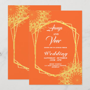 oranje en goudpacock Indian Wedding Invitation Kaart
