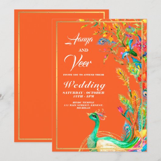 oranje en goudpacock Indian Wedding Invitation Kaart (Voorkant / Achterkant)