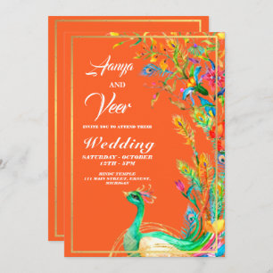 oranje en goudpacock Indian Wedding Invitation Kaart