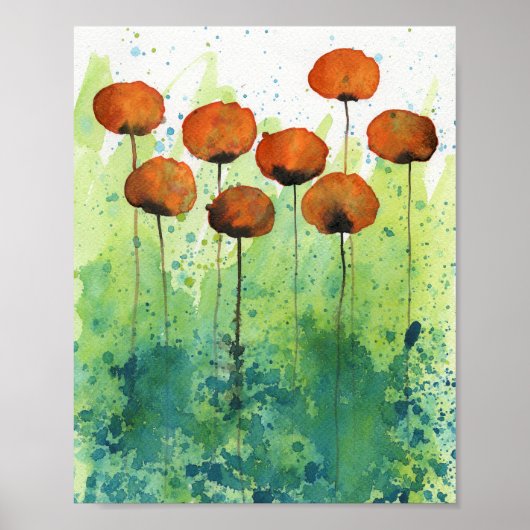Oranje en groene papavers, Waterverf bloemenmuur Poster (Voorkant)
