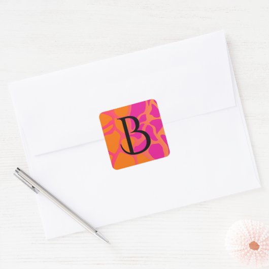 Oranje en hete roze verloop monogram vierkante sticker (Envelop)