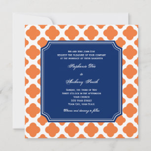 Oranje en koninklijk blauw Quatrefoil bruiloft Kaart