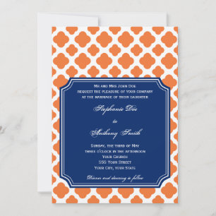 Oranje en koninklijk blauw Quatrefoil bruiloft Kaart
