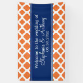 Oranje en koninklijk blauw Quatrefoil bruiloft Spandoek (Verticaal)
