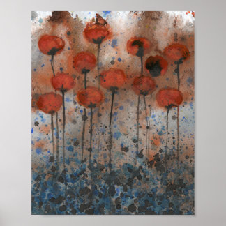 Oranje en Navy Poppies, Waterverf Flowers Poster
