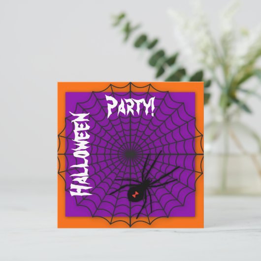 Oranje en Paarse spin Web Halloween-uitnodigingen Kaart (Staand voorkant)