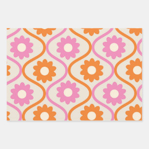 Oranje en roze bloemen op Mid Century Ogee Patter Inpakpapier Vel