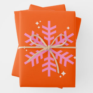 Oranje en roze feestdag snowflake kerst inpakpapier vel