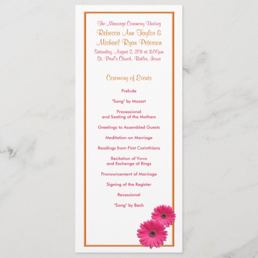 Oranje en roze Gerbera Daisy Wedding Program Programma (Voorkant)