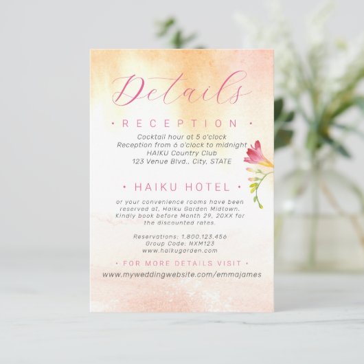 Oranje en roze rozendetaillering informatiekaartje (Staand voorkant)