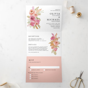 Oranje en roze Waterverf herfst bloemen bruiloft Drieluik Uitnodiging