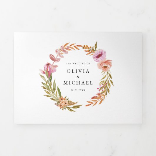 Oranje en roze Waterverf herfst bloemen bruiloft Drieluik Uitnodiging (Cover)