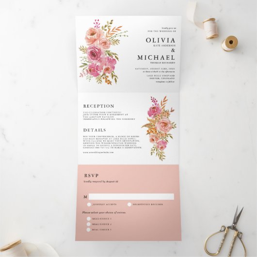 Oranje en roze Waterverf herfst bloemen bruiloft Drieluik Uitnodiging (Binnen)