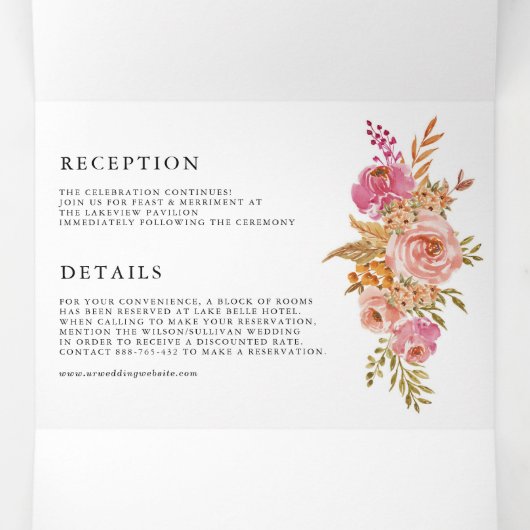Oranje en roze Waterverf herfst bloemen bruiloft Drieluik Uitnodiging (Binnenkant midden)