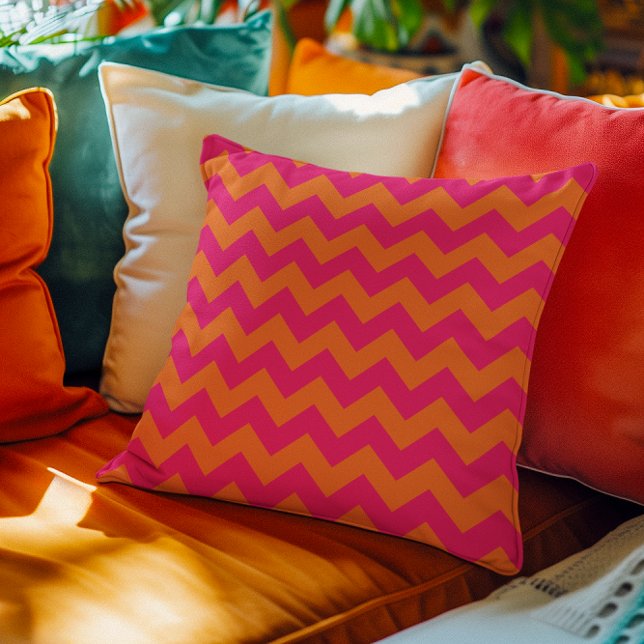 Oranje en roze zigzag kussen (Orange and Pink Zigzag Throw Pillow)